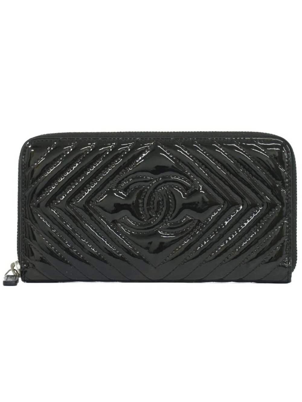 Chanel V-stitch Chevron CC Logo Round Zip Wallet Patent Leather Black